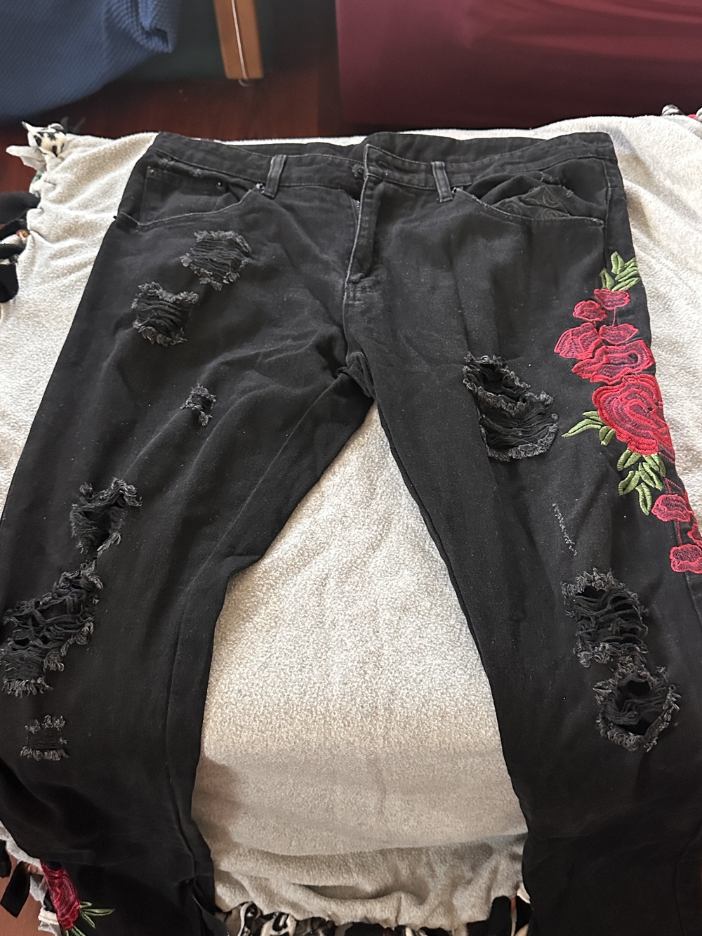 Young & Reckless Black Distressed Jeans with Red Rose Embroidery